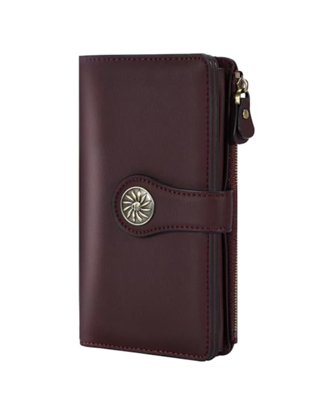 Womens RFID Blocking Trifold Leather Wallet Large Capacity Card Holder Wine Red